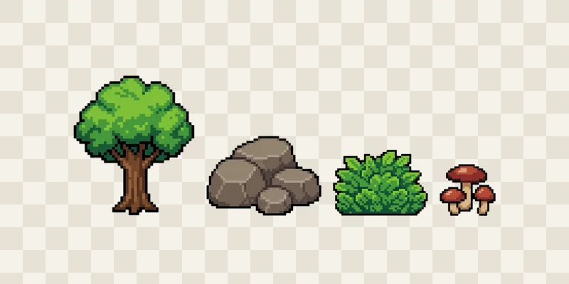 Style-matched props: tree, stones, bush and mushrooms