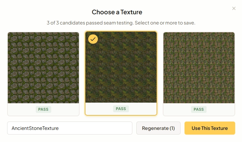 Texture generation modal showing candidates