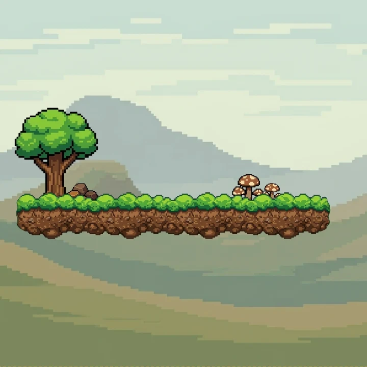 Assembled platformer scene with platform, props and backdrop